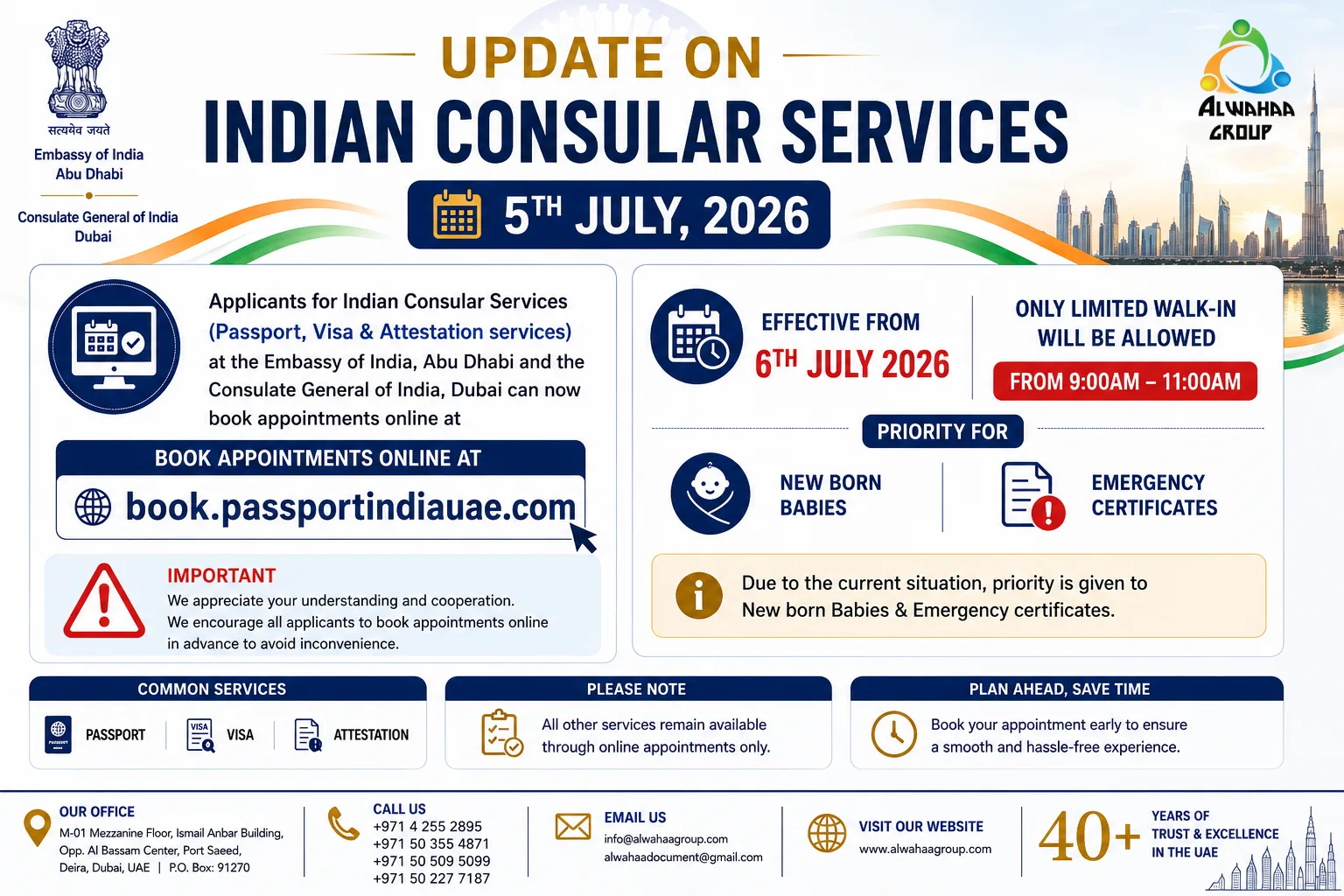 Alwahaa Group update — Indian consular services appointment portal at book.passportindiauae.com, effective 5 July 2026